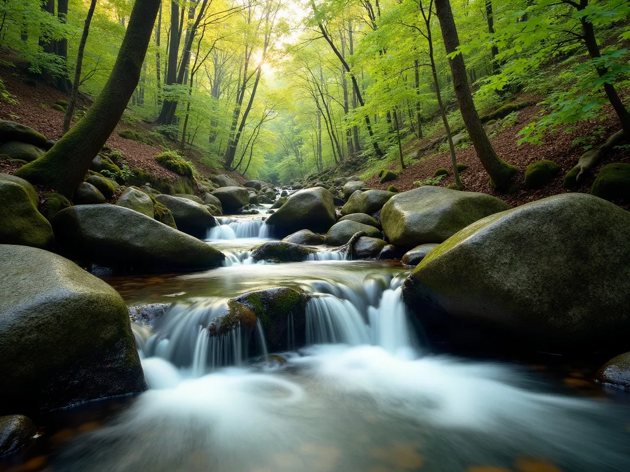 A clear mountain trout stream tumbling over mossy boulders