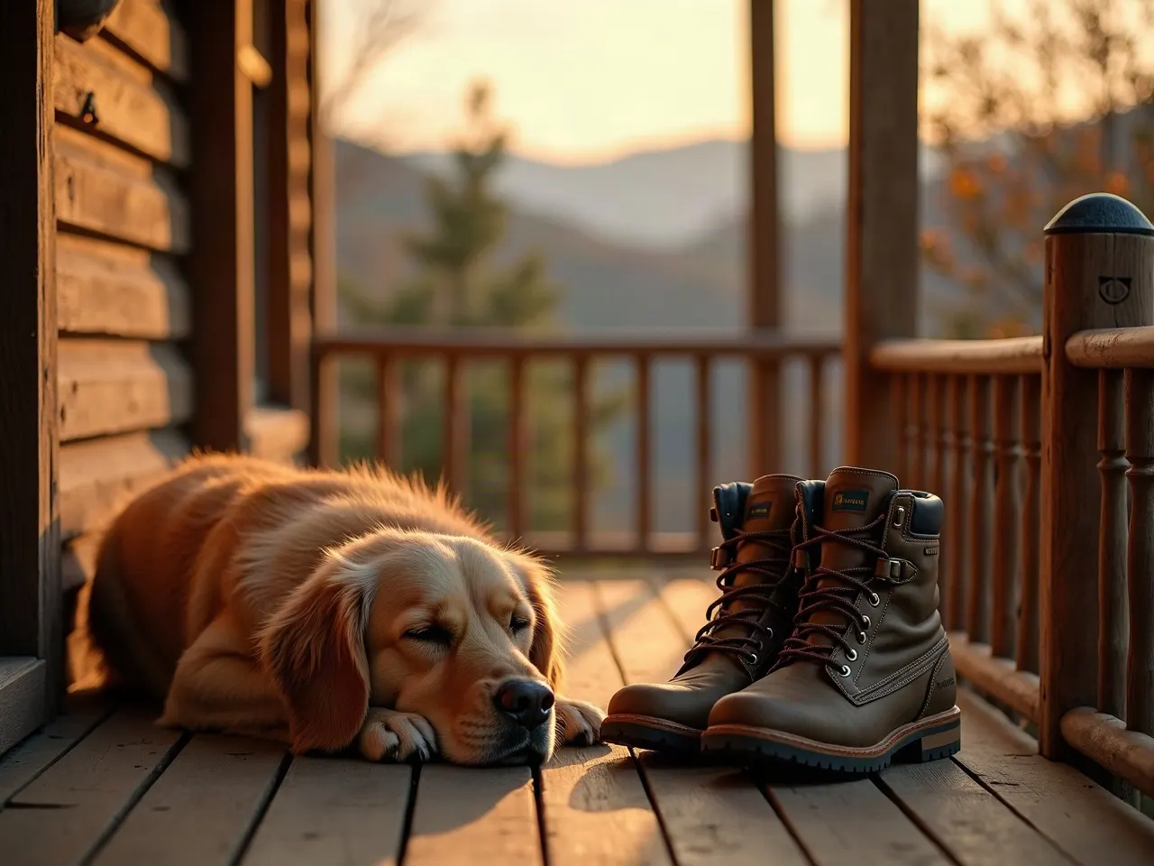 A dog resting on the warm wooden porch of a mountain lodge beside a pair of hiking boots