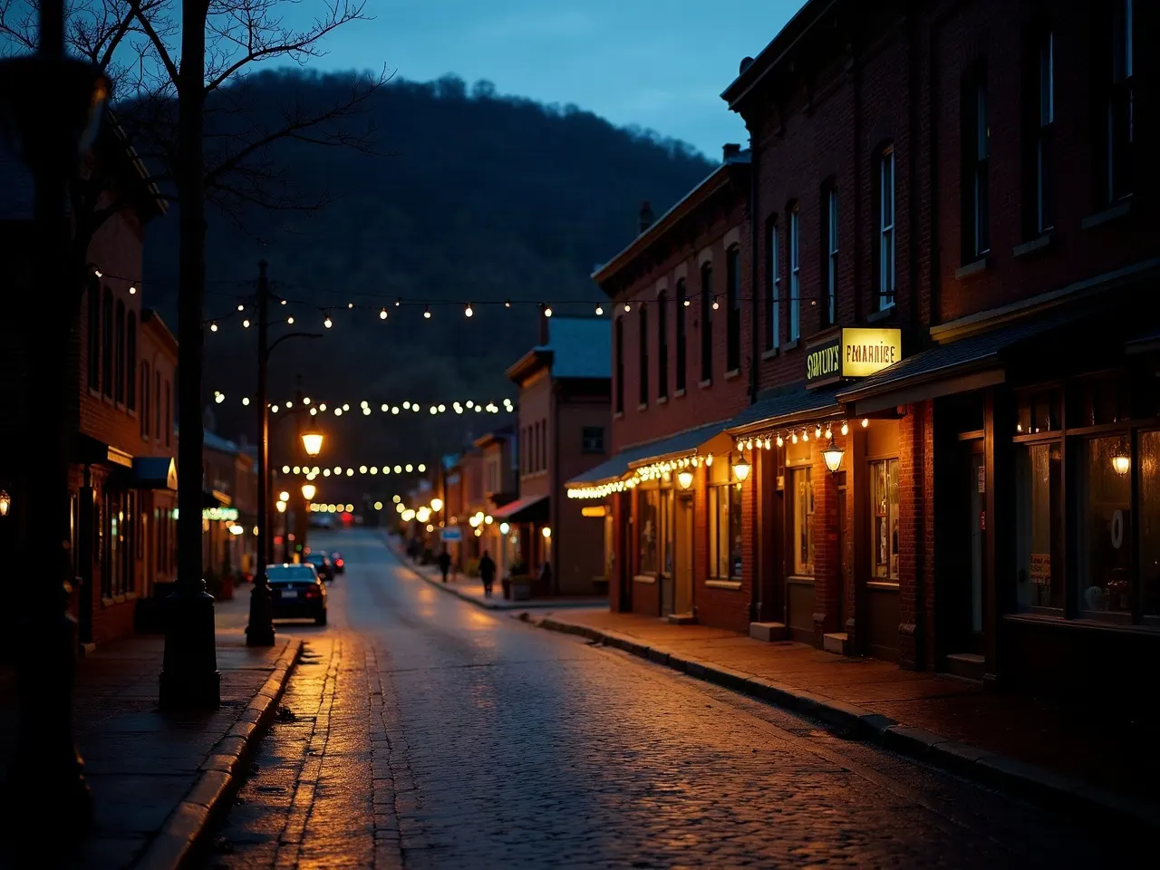 A small Appalachian main street at blue hour with warm glowing storefronts