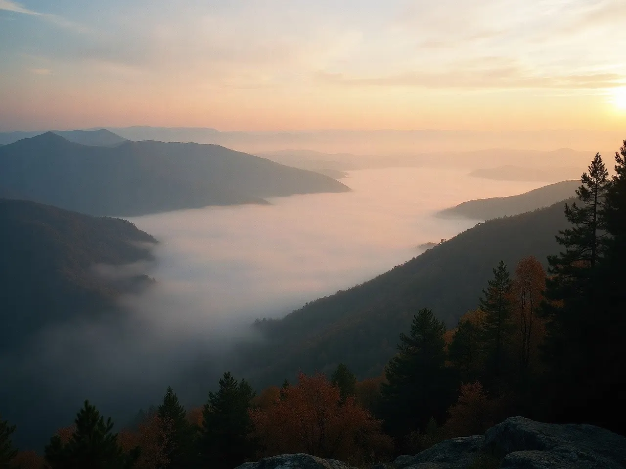 Fog filling the valleys at sunrise with ridge tops emerging above the cloud