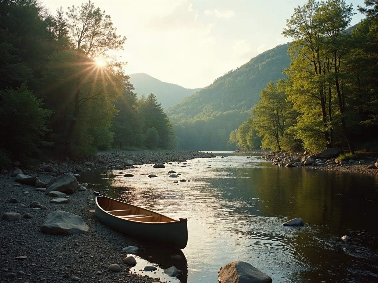 A wide slow bend of the New River through forested hills with a canoe pulled up on the gravel bar