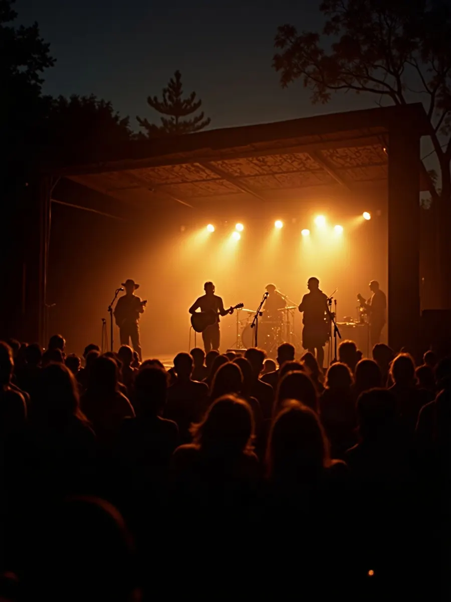 An old-time string band silhouetted on an outdoor festival stage at dusk