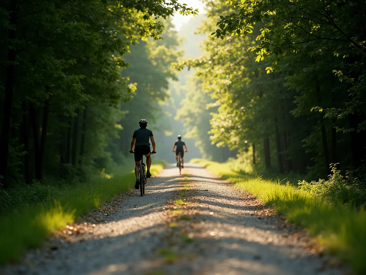 A crushed gravel rail-trail running through a green tunnel of hardwood trees with two cyclists ahead
